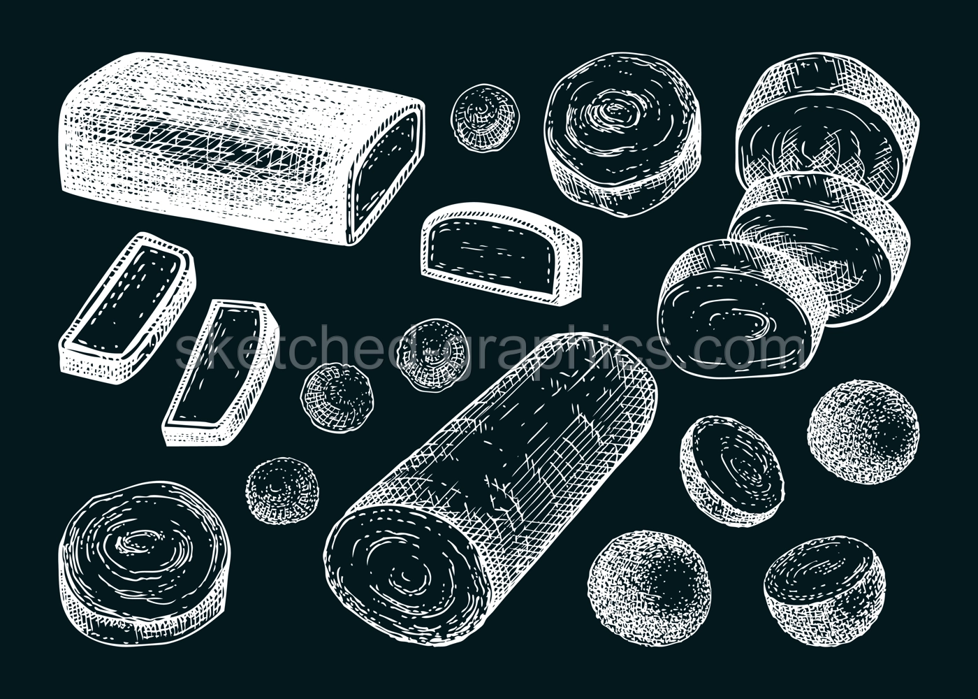 Marzipan sketches set. Hand drawn vector illustrations on chalkboard. Marzipan paste, almond paste, marzipan bar  in chocolate sketches. Sweet food, bakery ingredients, packaging design elements Illustration